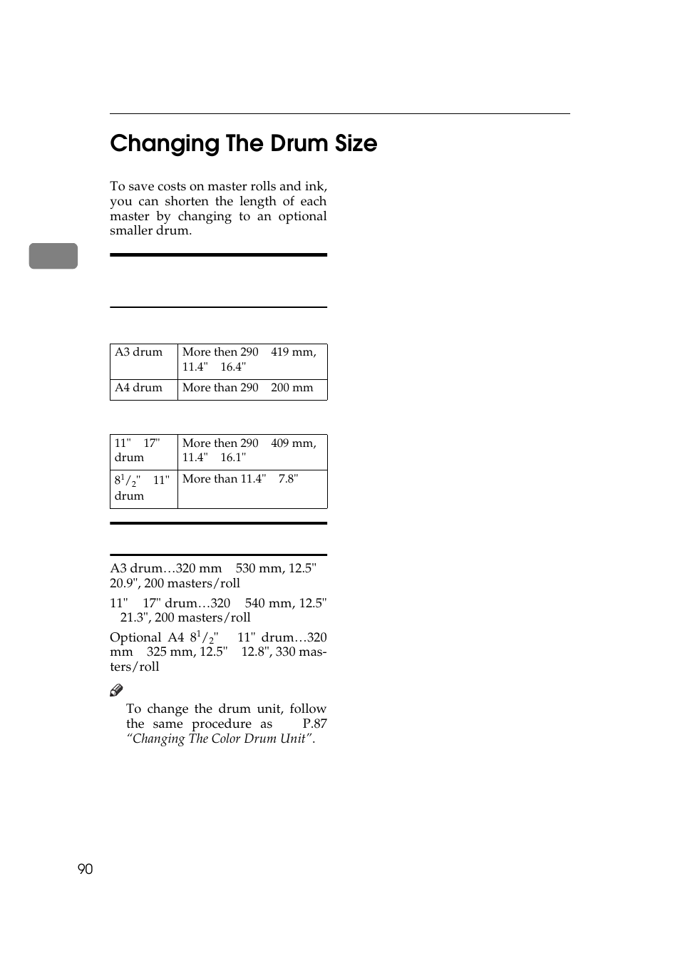 Changing the drum size, Printing area (at 23, Master cut length | P.90, 2changing the drum size | Savin 5450 User Manual | Page 110 / 230