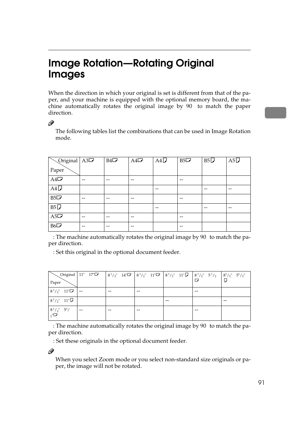 P.91 “image rotation—rotat, Ing original images, Image rotation—rotating original images | P.91 “image rotation—rotating origi, Nal images, 2image rotation—rotating original images, Metric version, Inch version | Savin 5450 User Manual | Page 111 / 230