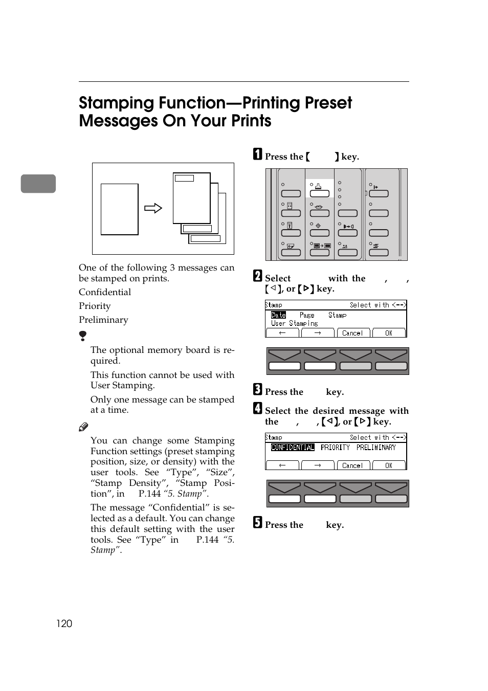 P.120 “stamping function, Printing preset messages on your prints, P.120 | Savin 5450 User Manual | Page 140 / 230