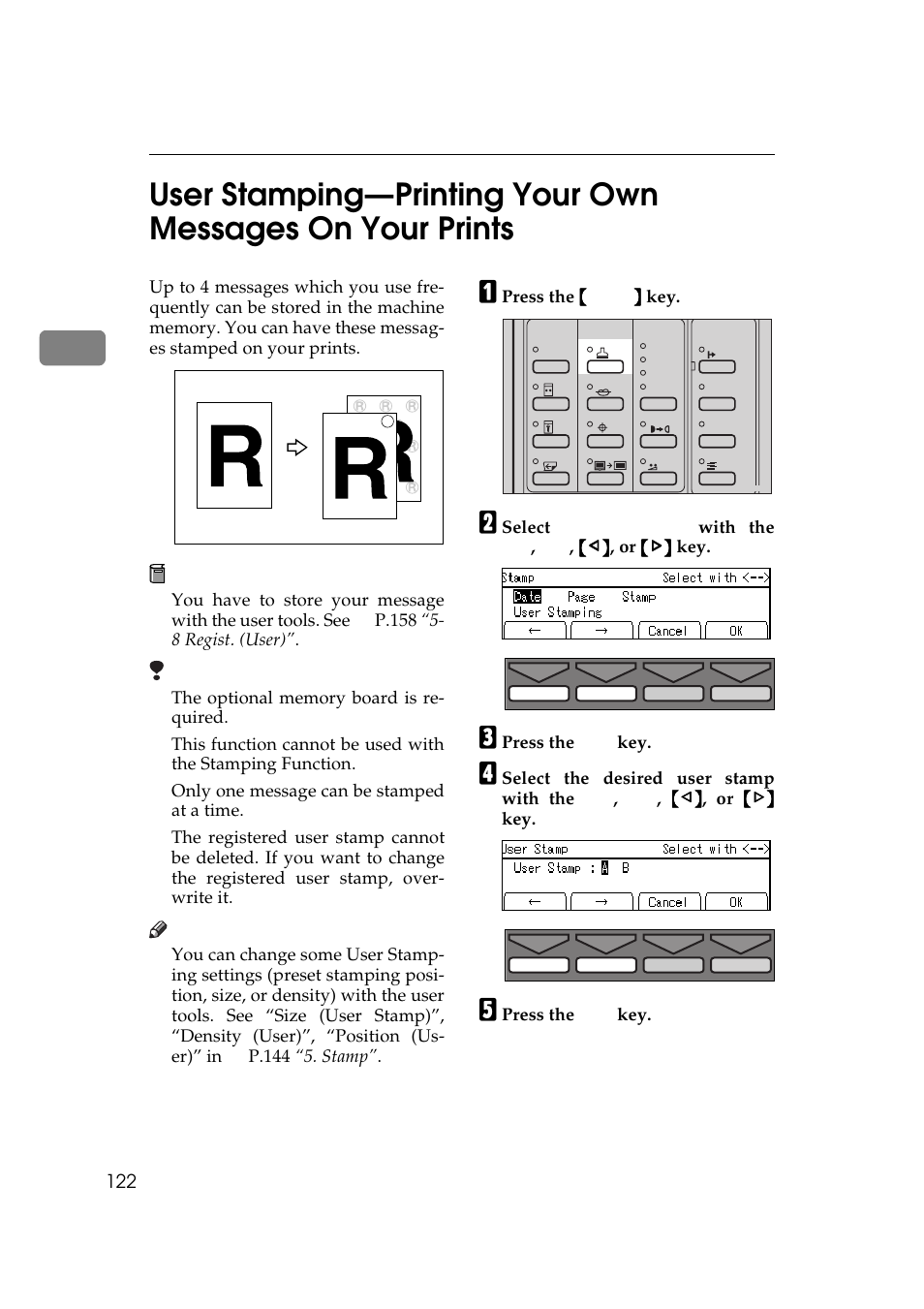 P.122 “user stamping, Printing your own messages on your prints, P.122 “user | Stamping—printing your own messages on your prints | Savin 5450 User Manual | Page 142 / 230