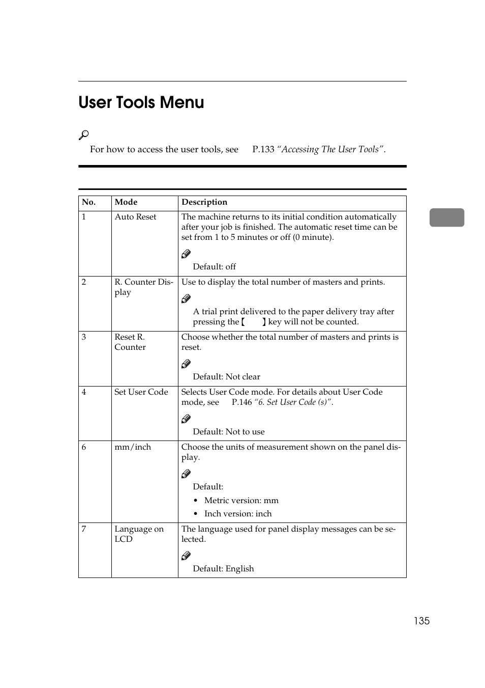 User tools menu, System, Menu. see | P.135 “user tools, Menu, 3user tools menu | Savin 5450 User Manual | Page 155 / 230