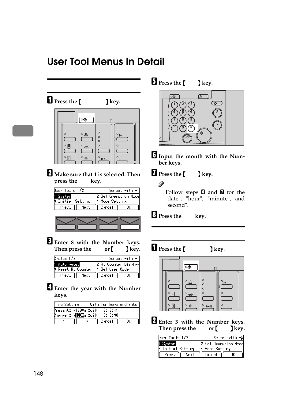 User tool menus in detail, 8 time setting 3-4 reproduction ratio, P.148 “1-8 time setting | P.148 “3-4 reproduction, Ratio, 3user tool menus in detail, 8 time setting, 4 reproduction ratio | Savin 5450 User Manual | Page 168 / 230