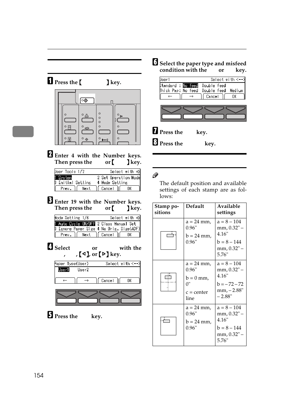 19 type of paper 5-4 stamp position, P.154 “4, 19 type of paper | P.154 “5-4 stamp position, P.154 “5-4, Stamp position, 4 stamp position | Savin 5450 User Manual | Page 174 / 230