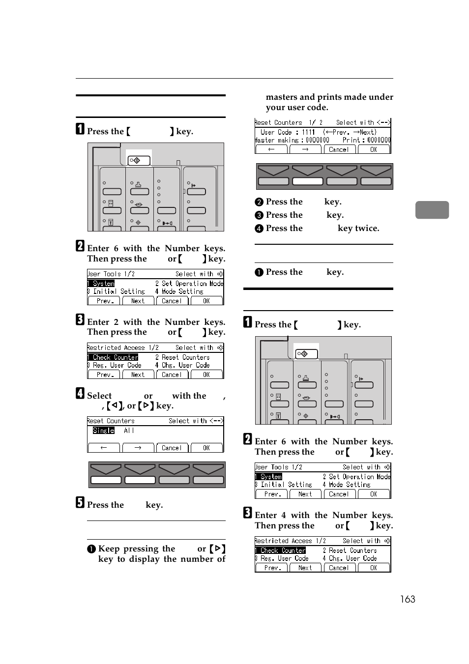 2 reset counters 6-4 chg. user code, P.163 “6-2 reset counters, P.163 “6-4 | Chg. user code, 2 reset counters, 4 chg. user code | Savin 5450 User Manual | Page 183 / 230