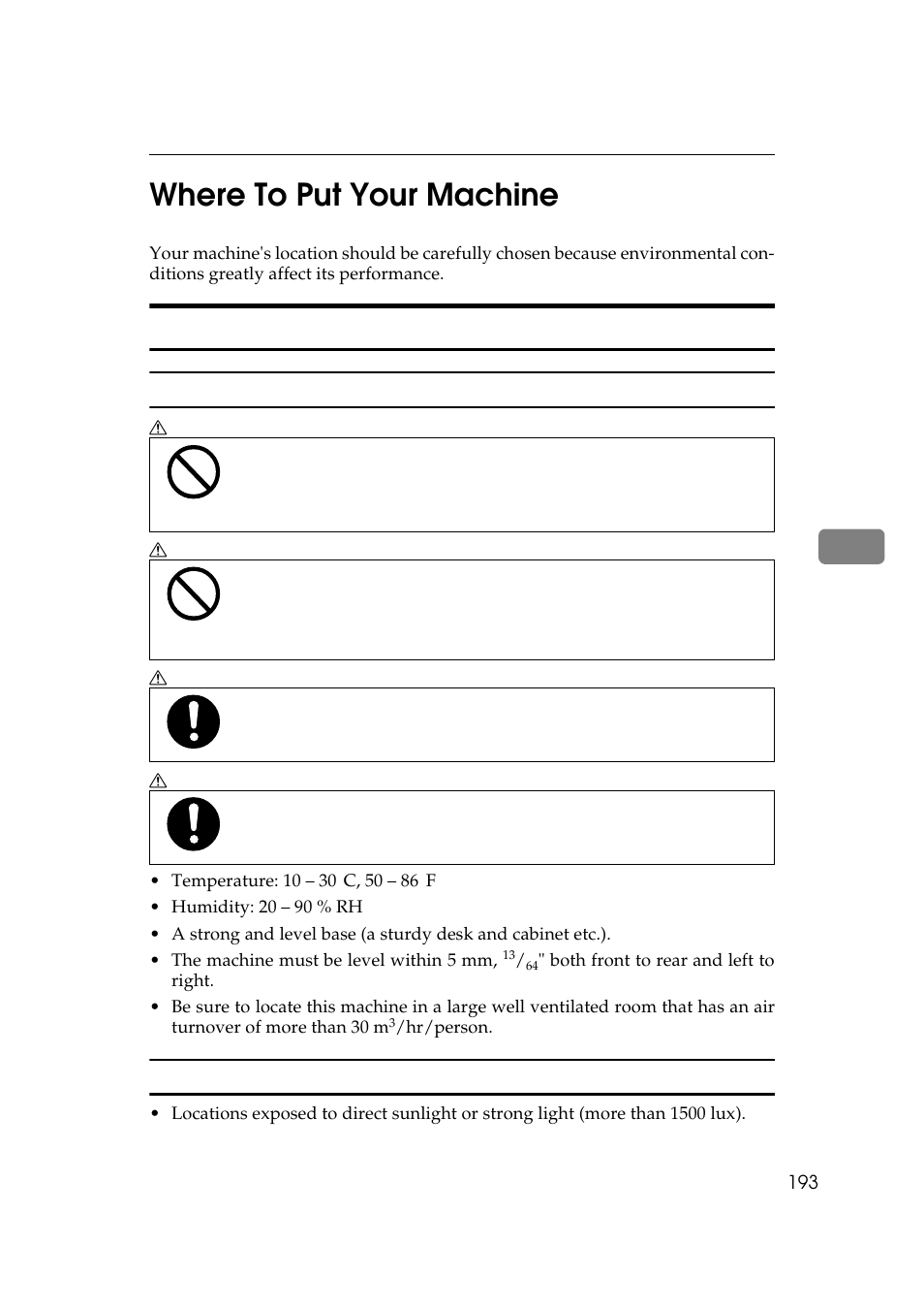 Where to put your machine, Environmental conditions, 5where to put your machine | Savin 5450 User Manual | Page 213 / 230