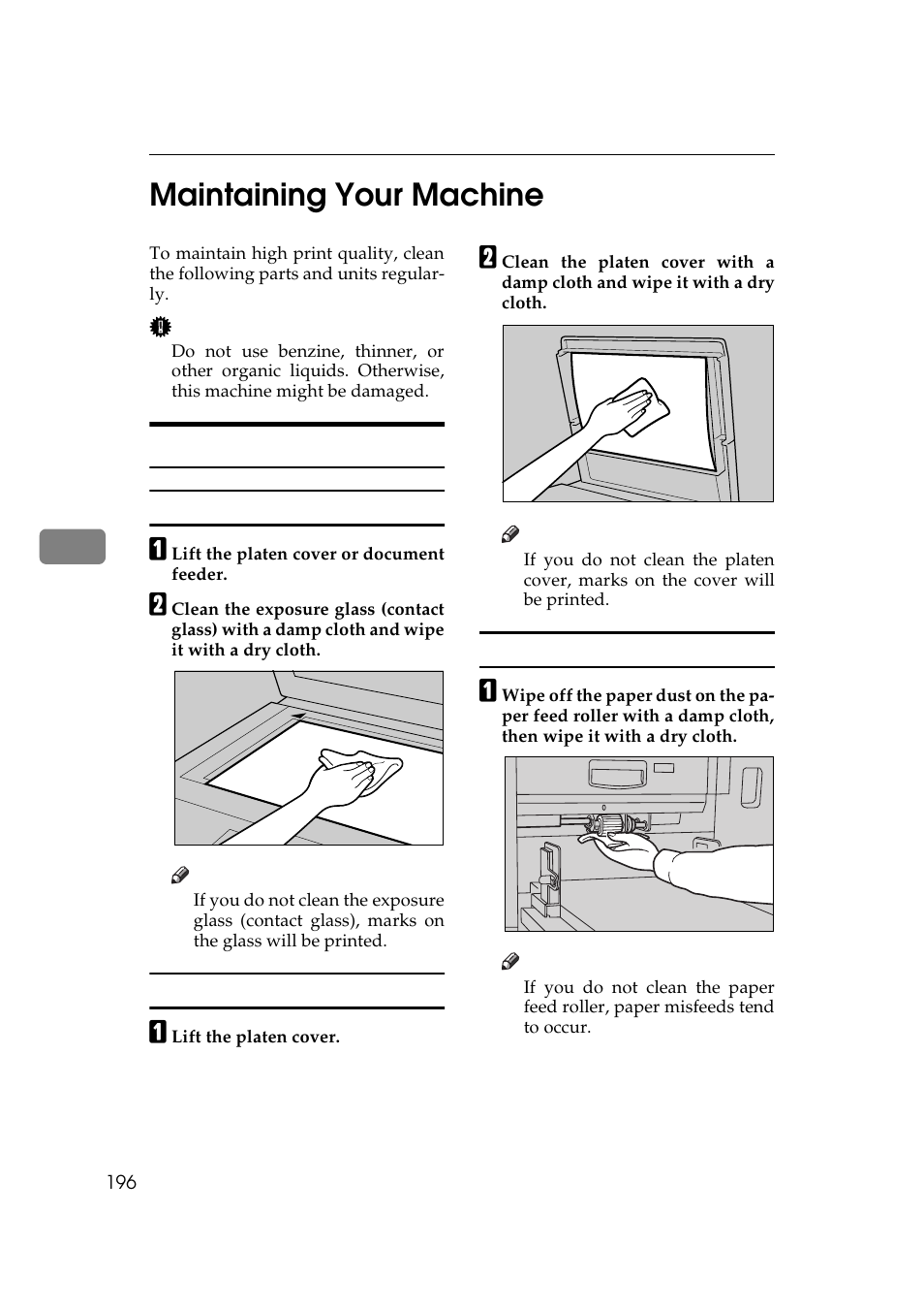 Maintaining your machine, Main frame, P.196 “platen cover | P.196, Exposure glass (contact glass), 5maintaining your machine | Savin 5450 User Manual | Page 216 / 230