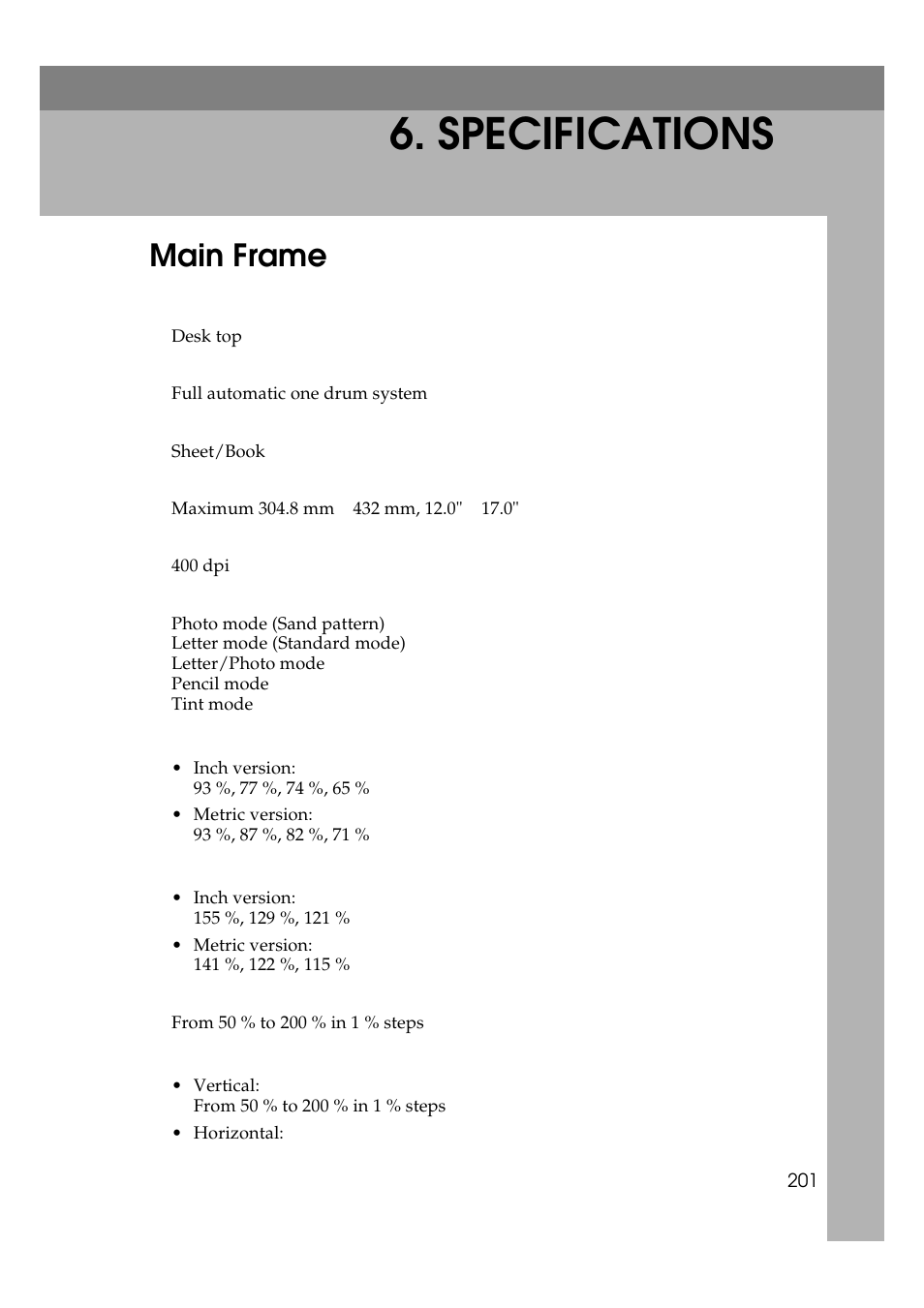 Specifications, Main frame | Savin 5450 User Manual | Page 221 / 230
