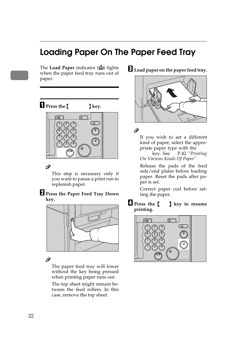 Loading paper on the paper feed tray, Replenishing paper, 1loading paper on the paper feed tray | Savin 5450 User Manual | Page 42 / 230