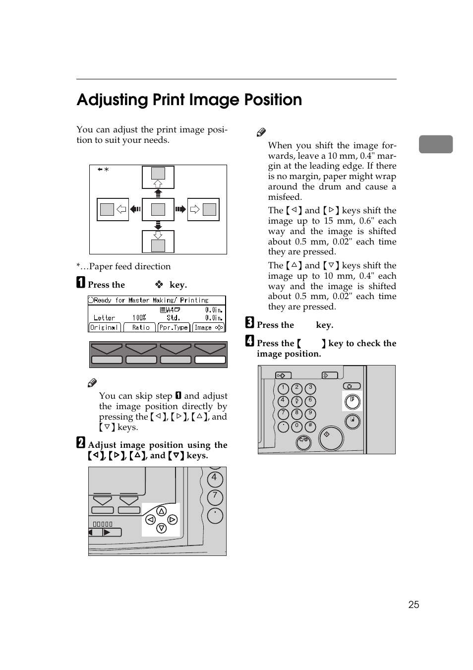 P.25 “ad, Justing print image position, P.25 “adjusting print image | Position, Adjusting print image position, P.25 “adjusting, Print image position, 1adjusting print image position | Savin 5450 User Manual | Page 45 / 230