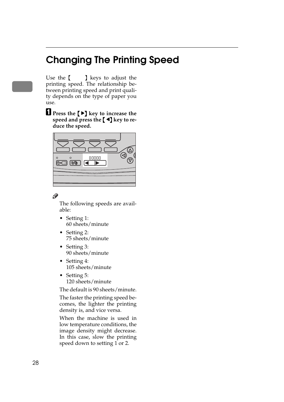 P.28 “changing the printing, Speed, Changing the printing speed | P.28 “changing the printing speed, 1changing the printing speed | Savin 5450 User Manual | Page 48 / 230