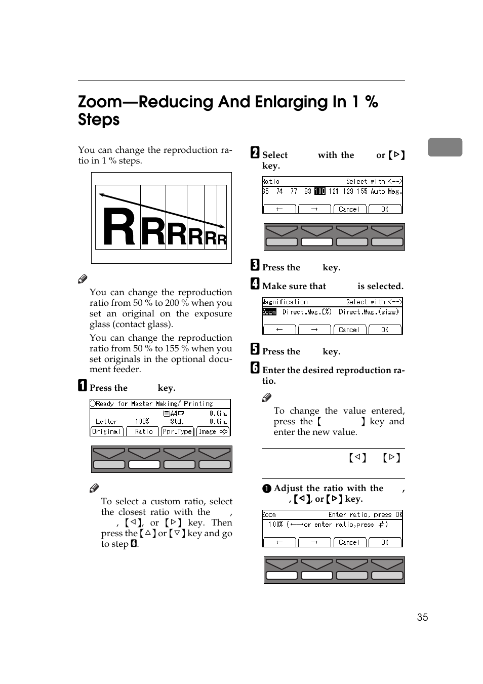 P.35 “zoom—reducing and, Enlarging in 1 % steps, Zoom—reducing and enlarging in 1 % steps | 1zoom—reducing and enlarging in 1 % steps | Savin 5450 User Manual | Page 55 / 230