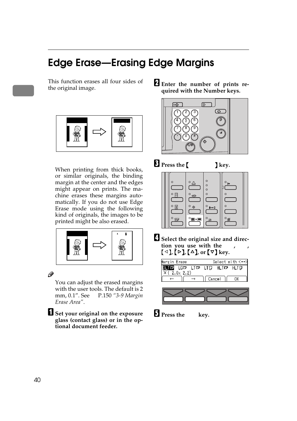 P.40 “edge erase—erasing, Edge margins, Edge erase—erasing edge margins | P.40, 1edge erase—erasing edge margins | Savin 5450 User Manual | Page 60 / 230