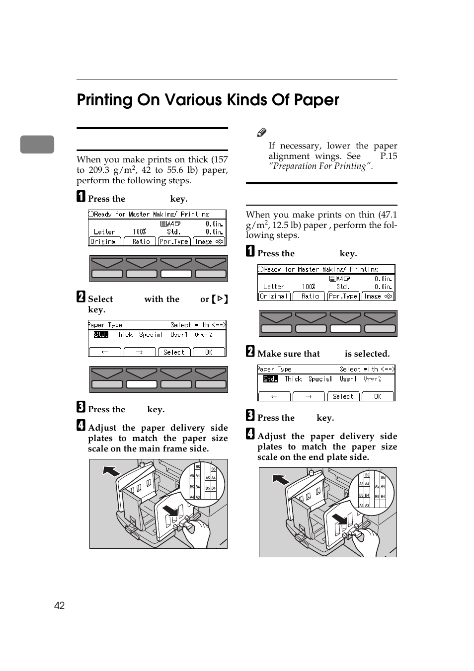 P.42 “printing on various, Kinds of paper, Printing on various kinds of paper | Printing on thick paper printing on thin paper, P.42, 1printing on various kinds of paper, Printing on thick paper, Printing on thin paper | Savin 5450 User Manual | Page 62 / 230