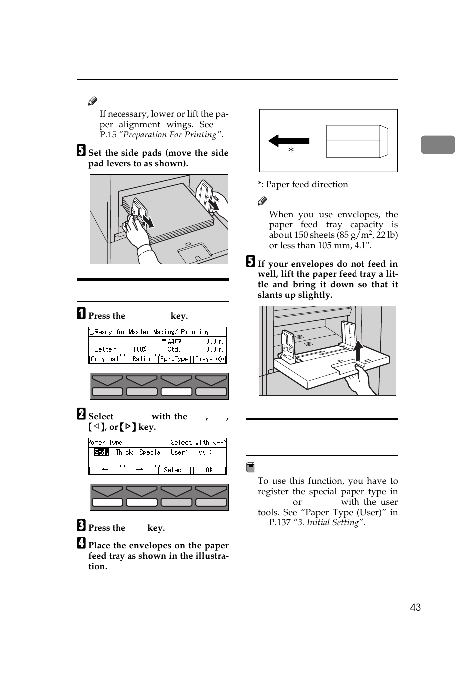 Printing on envelopes, Printing on special kinds of paper | Savin 5450 User Manual | Page 63 / 230