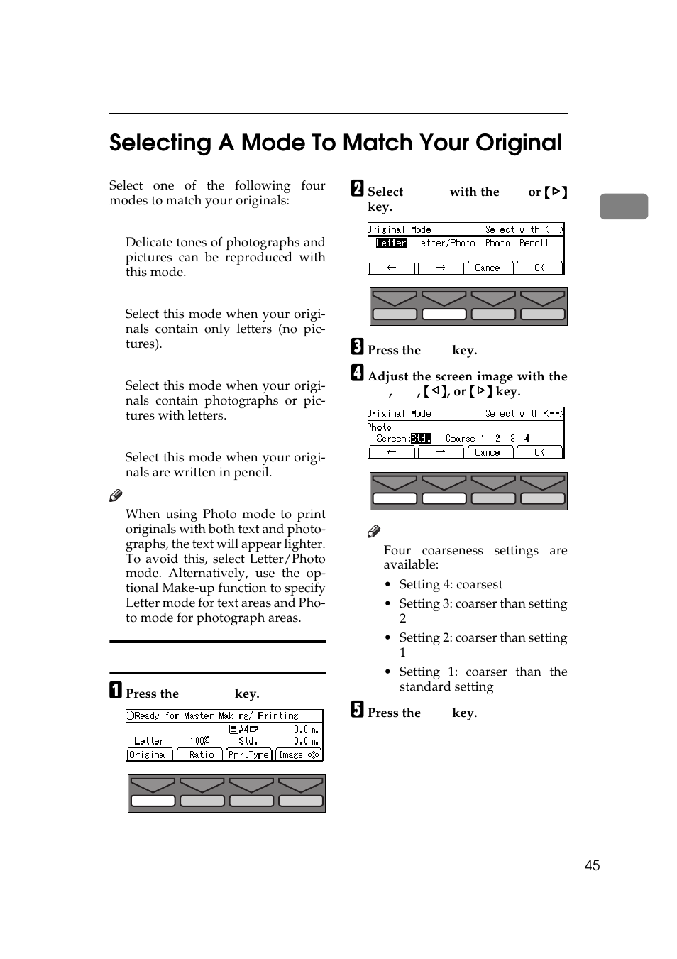 P.45 “selecting a mode to, Match your original, Selecting a mode to match your original | Photo mode printing, 1selecting a mode to match your original | Savin 5450 User Manual | Page 65 / 230