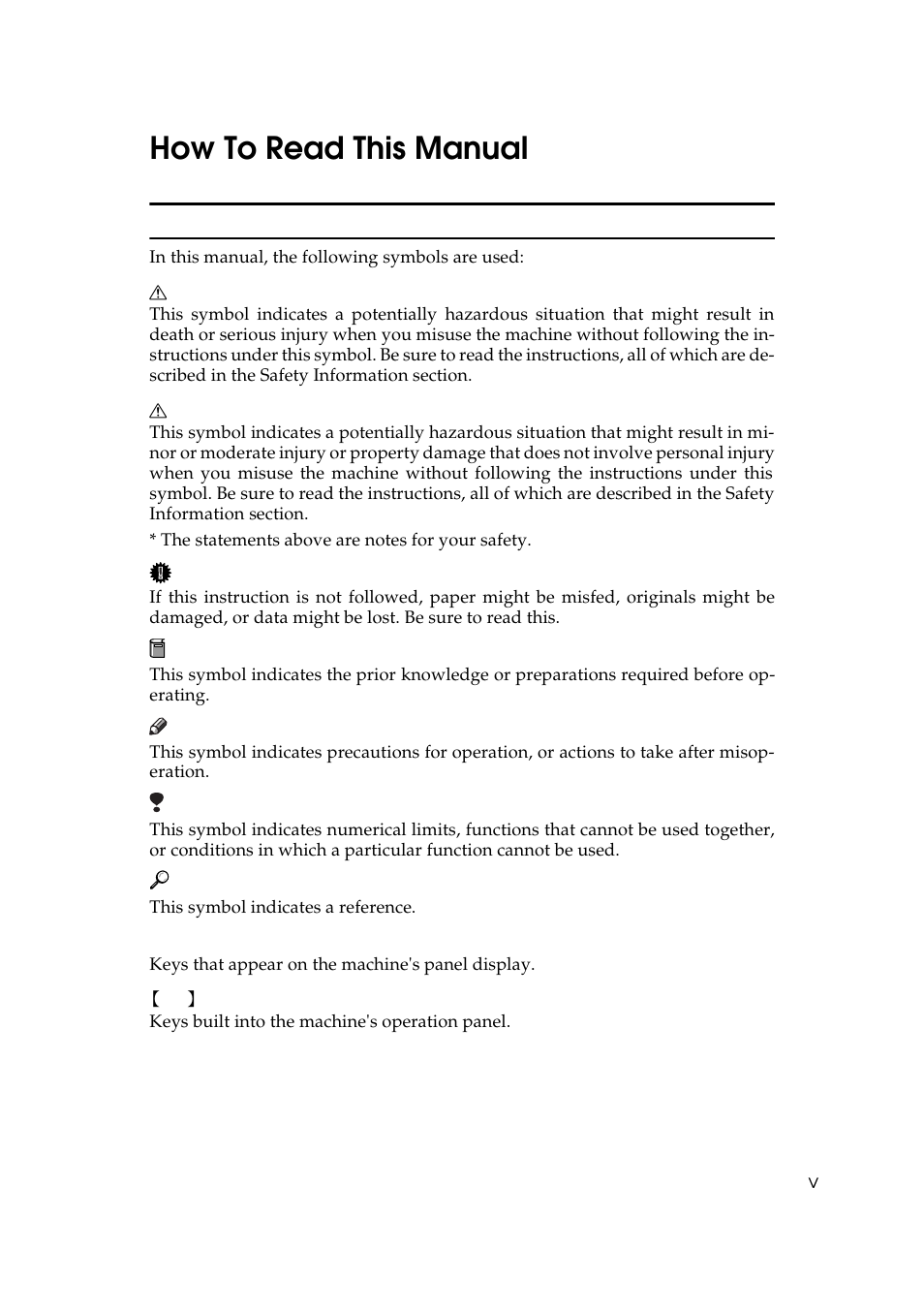 How to read this manual | Savin 5450 User Manual | Page 7 / 230