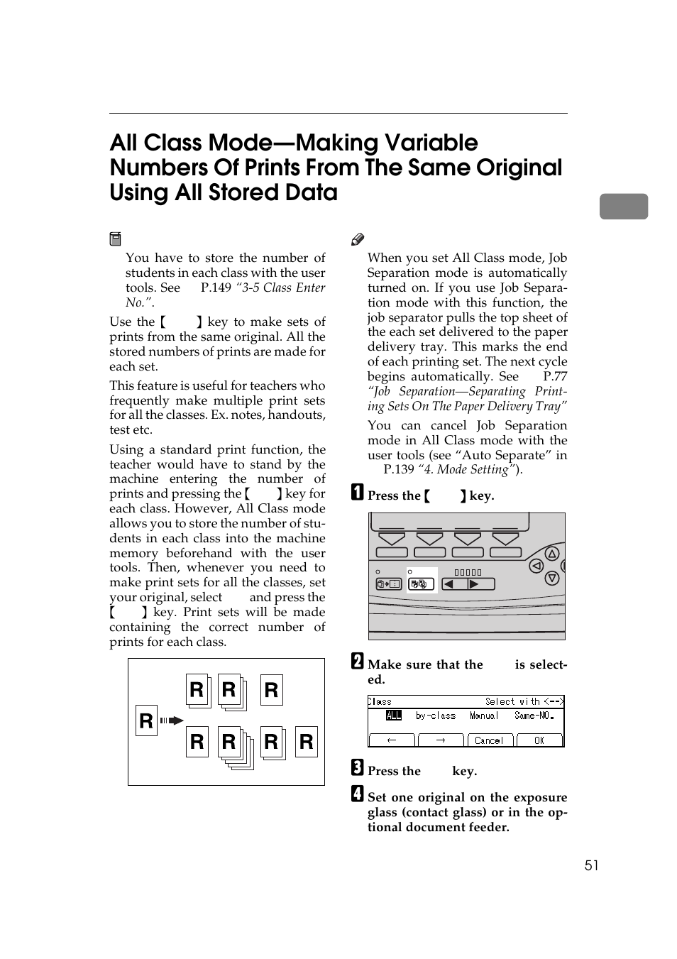 P.51 “all class mode—mak, Ing variable numbers of prints from, The same original using all stored data | P.51 | Savin 5450 User Manual | Page 71 / 230
