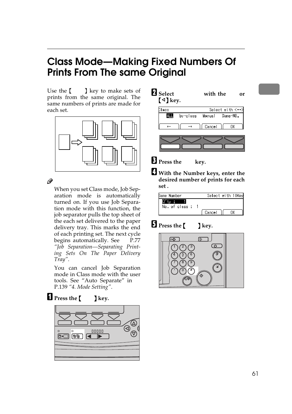 P.61 “class mode—making, Fixed numbers of prints from the same original, P.61 | Savin 5450 User Manual | Page 81 / 230