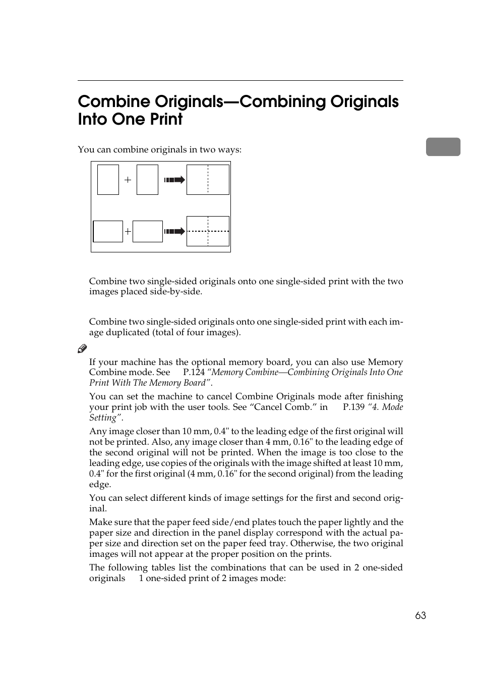 P.63 “combine originals, Combining originals into one print, P.63 “combine originals—combin | Ing originals into one print | Savin 5450 User Manual | Page 83 / 230