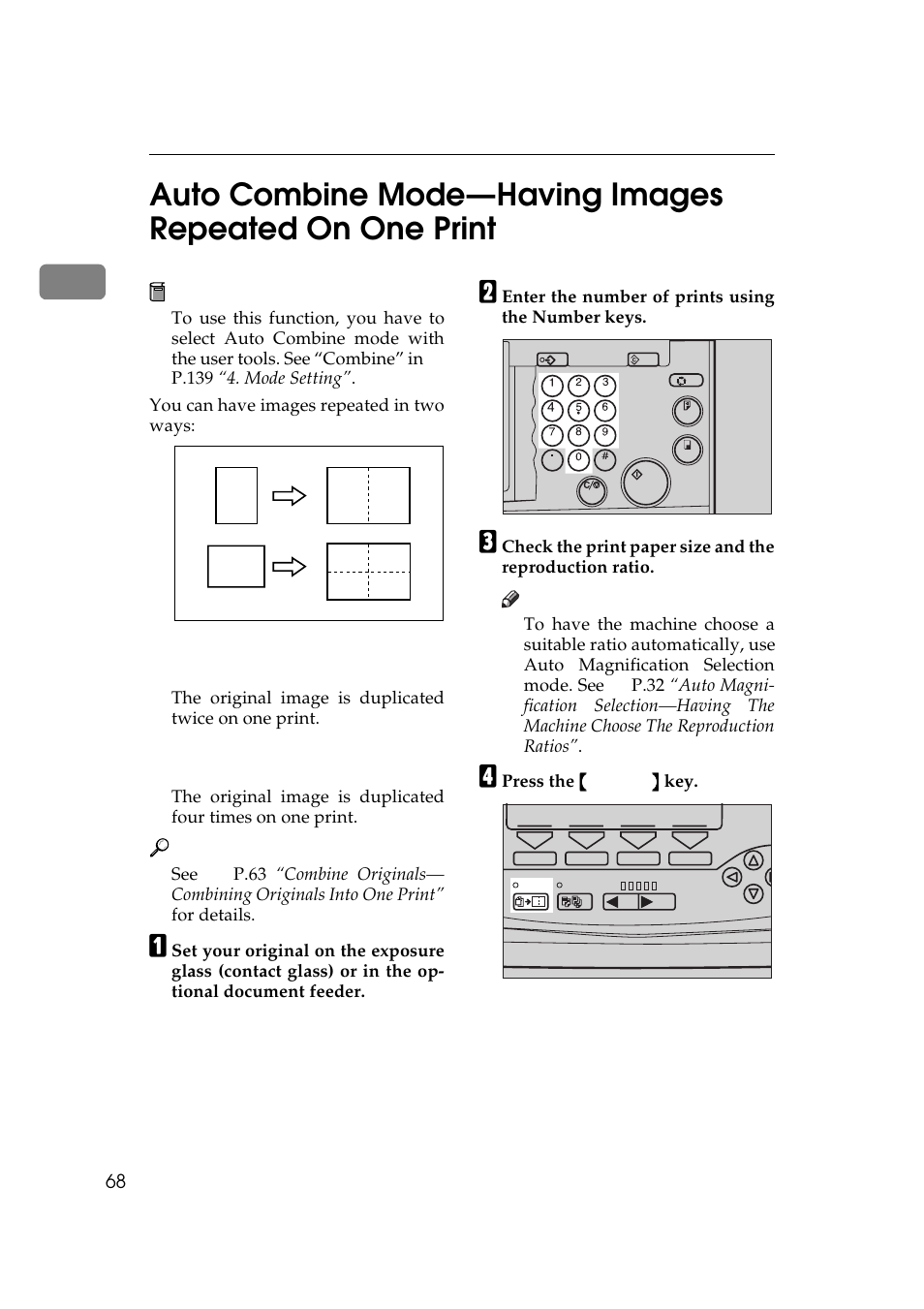 P.68 “auto combine mode, Having images repeated on one print | Savin 5450 User Manual | Page 88 / 230