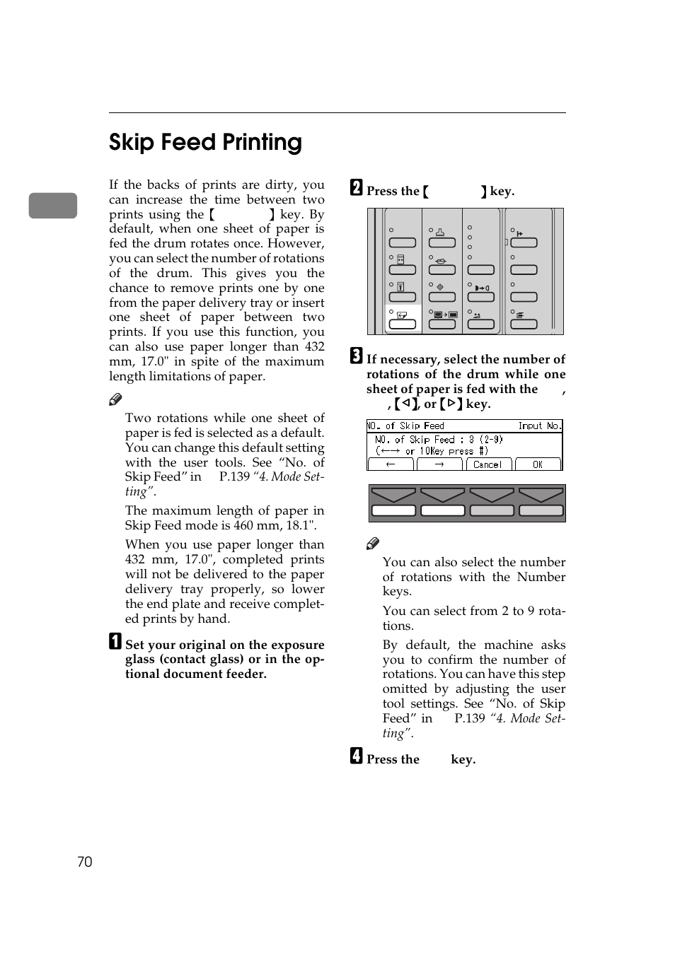 P.70 “skip feed printing, Skip feed printing, 1skip feed printing | Savin 5450 User Manual | Page 90 / 230