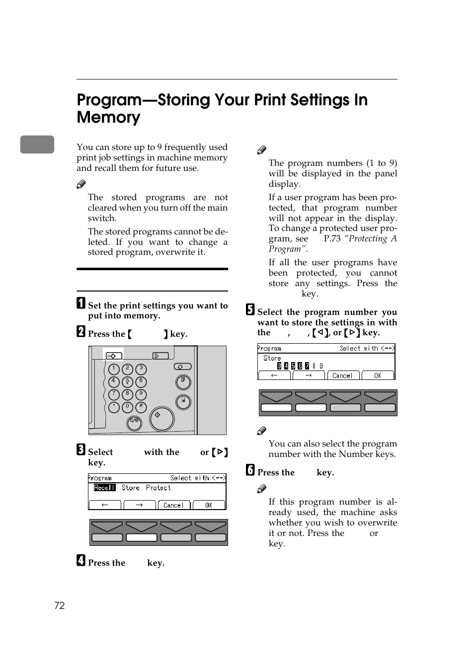 P.72 “program—storing your, Print settings in memory, Program—storing your print settings in memory | Storing your settings, P.72 “program—storing your print, Settings in memory | Savin 5450 User Manual | Page 92 / 230