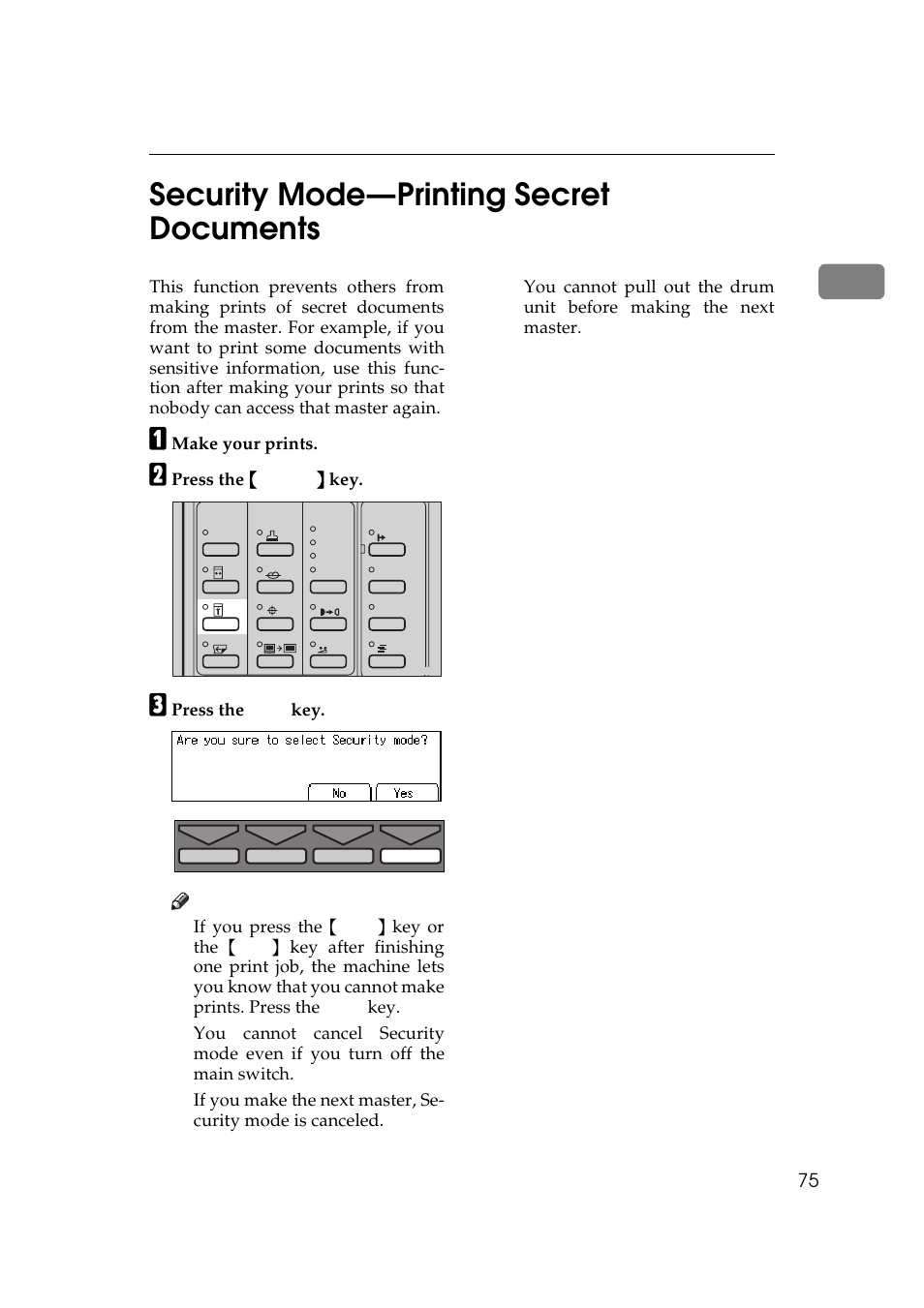 P.75 “security mode—print, Ing secret documents, Security mode—printing secret documents | P.75 “security mode—printing se, Cret documents, 1security mode—printing secret documents | Savin 5450 User Manual | Page 95 / 230