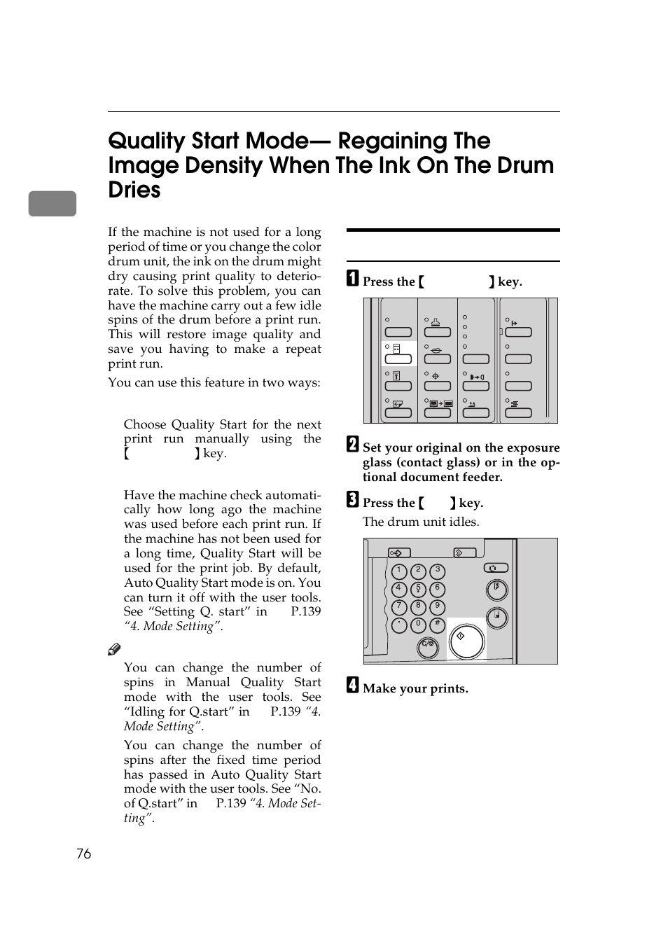 P.76 “quality start mode, Using quality start manually, P.76 “quality start mode— regain | Manual quality start, Auto quality start | Savin 5450 User Manual | Page 96 / 230