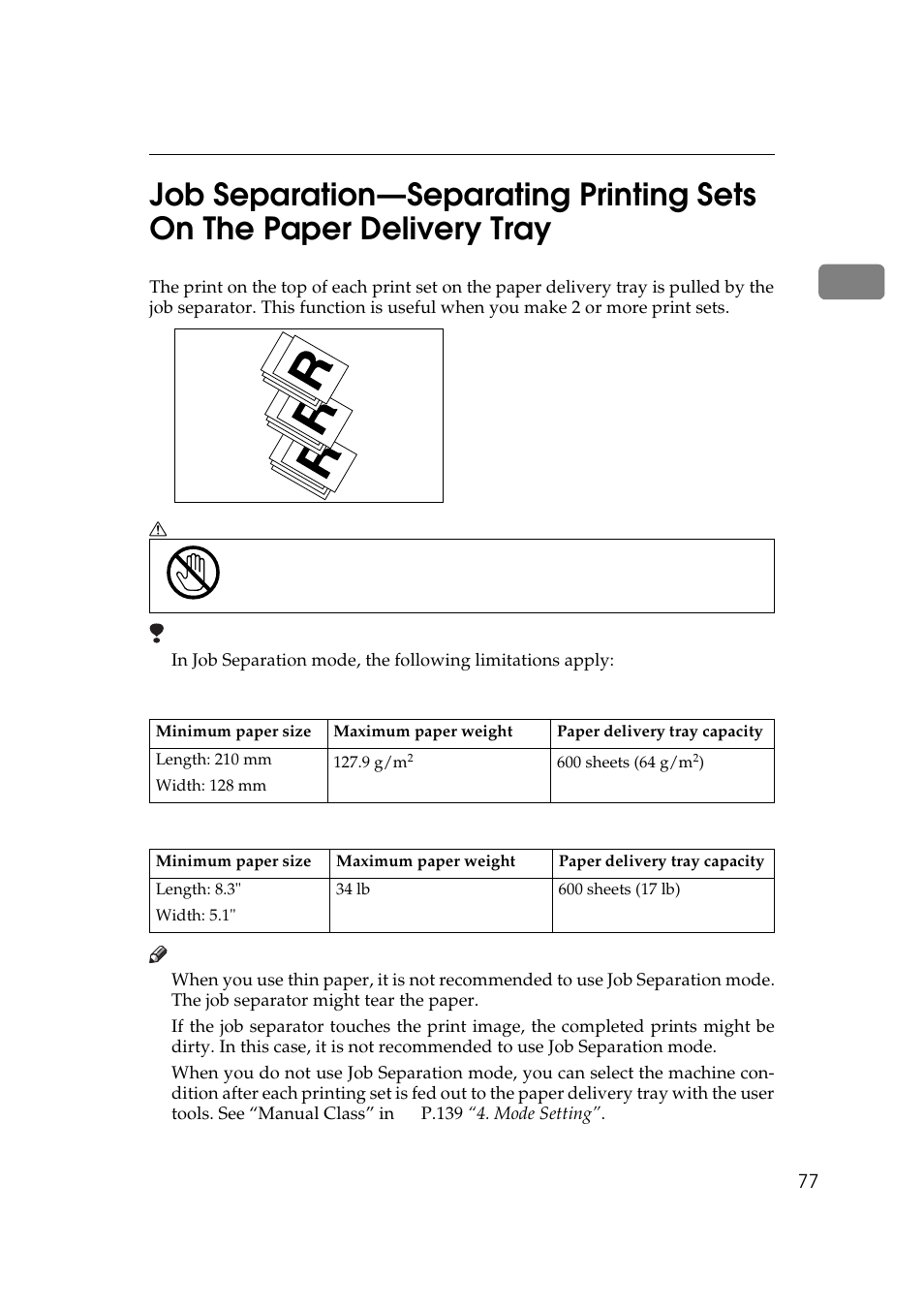 P.77 “job separation—sepa, Rating printing sets on the paper delivery tray, P.77 “job separation—separating | Printing sets on the paper delivery tray, P.77 | Savin 5450 User Manual | Page 97 / 230