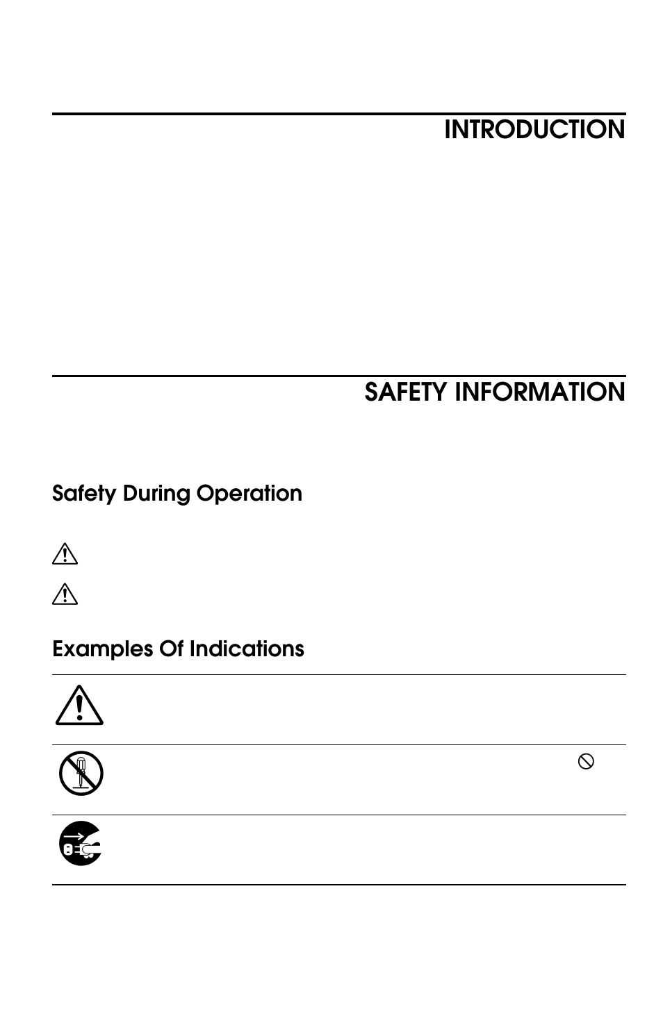 Introduction, Safety information, Safety during operation | Examples of indications | Savin 8700W User Manual | Page 3 / 69