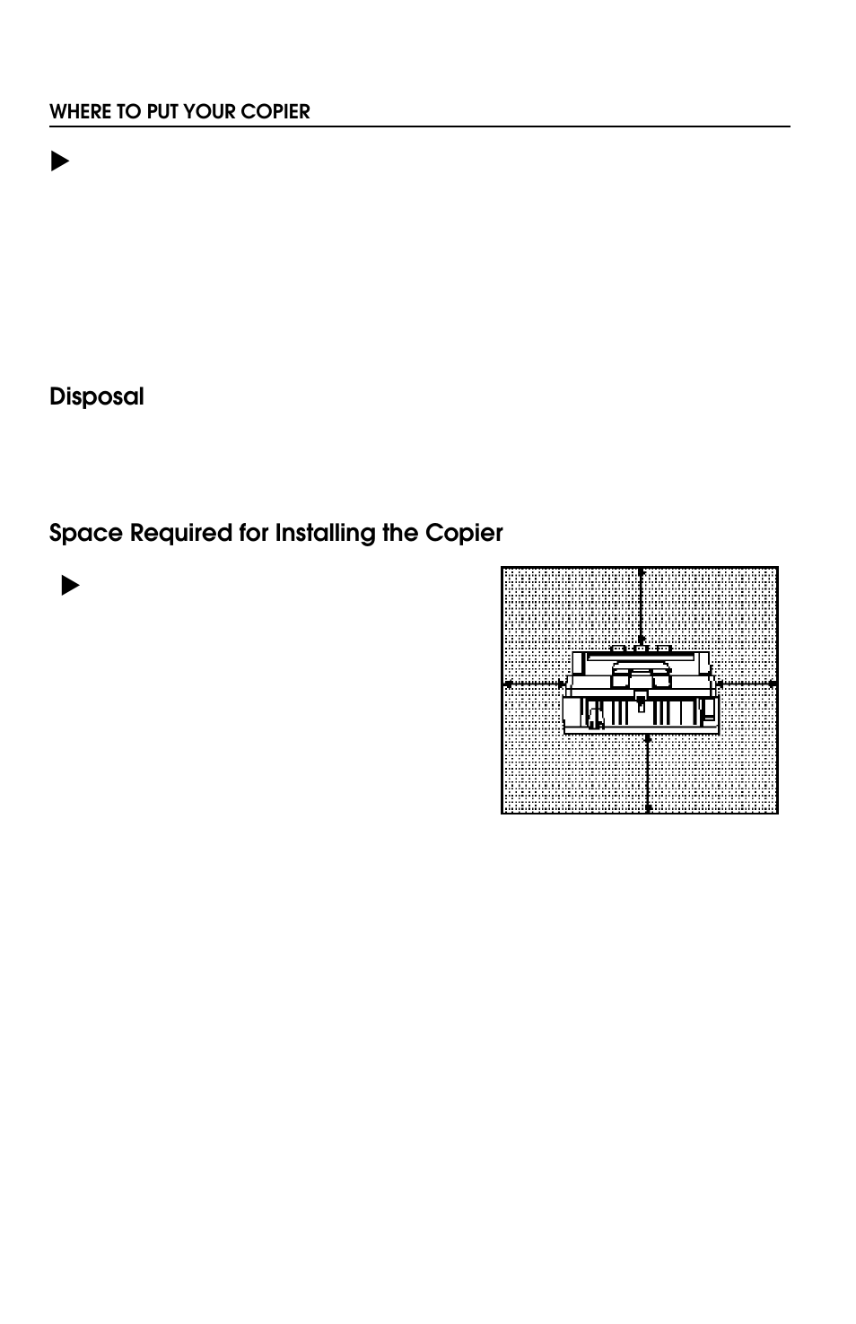 Disposal, Space required for installing the copier | Savin 8700W User Manual | Page 63 / 69