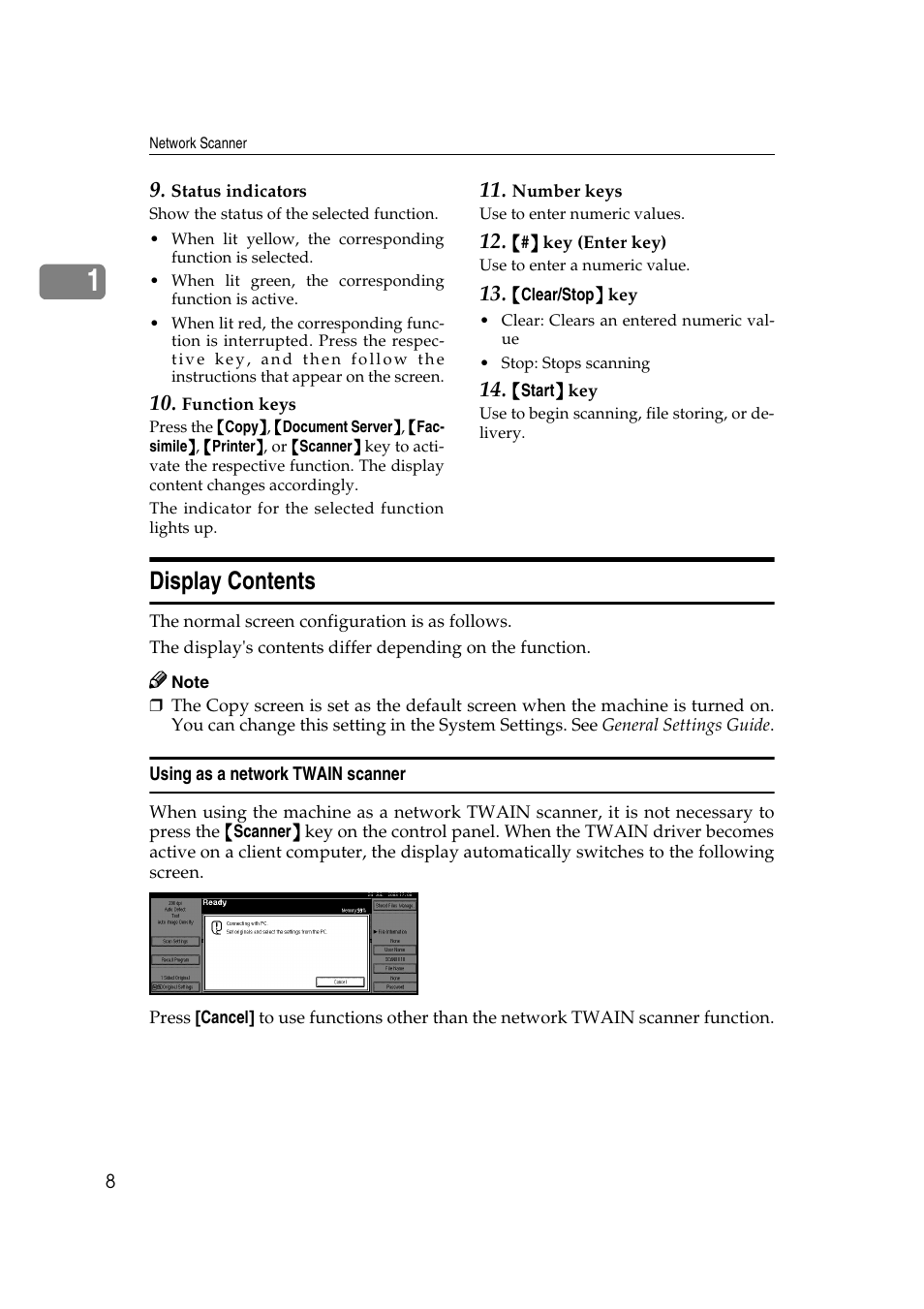 Display contents, Using as a network twain scanner | Savin 2045 User Manual | Page 14 / 104