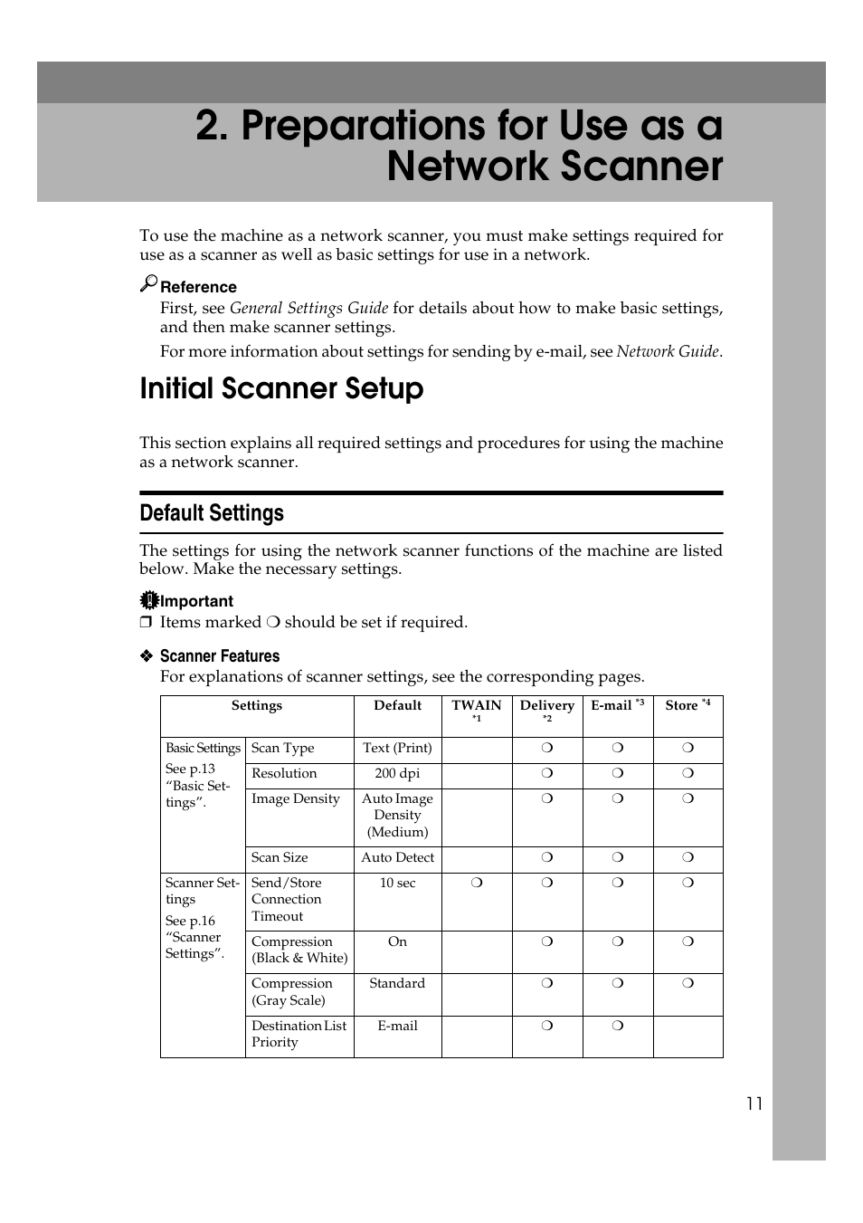  preparations for use as a network scanner, Initial scanner setup, Default settings | Preparations for use as a network scanner | Savin 2045 User Manual | Page 17 / 104