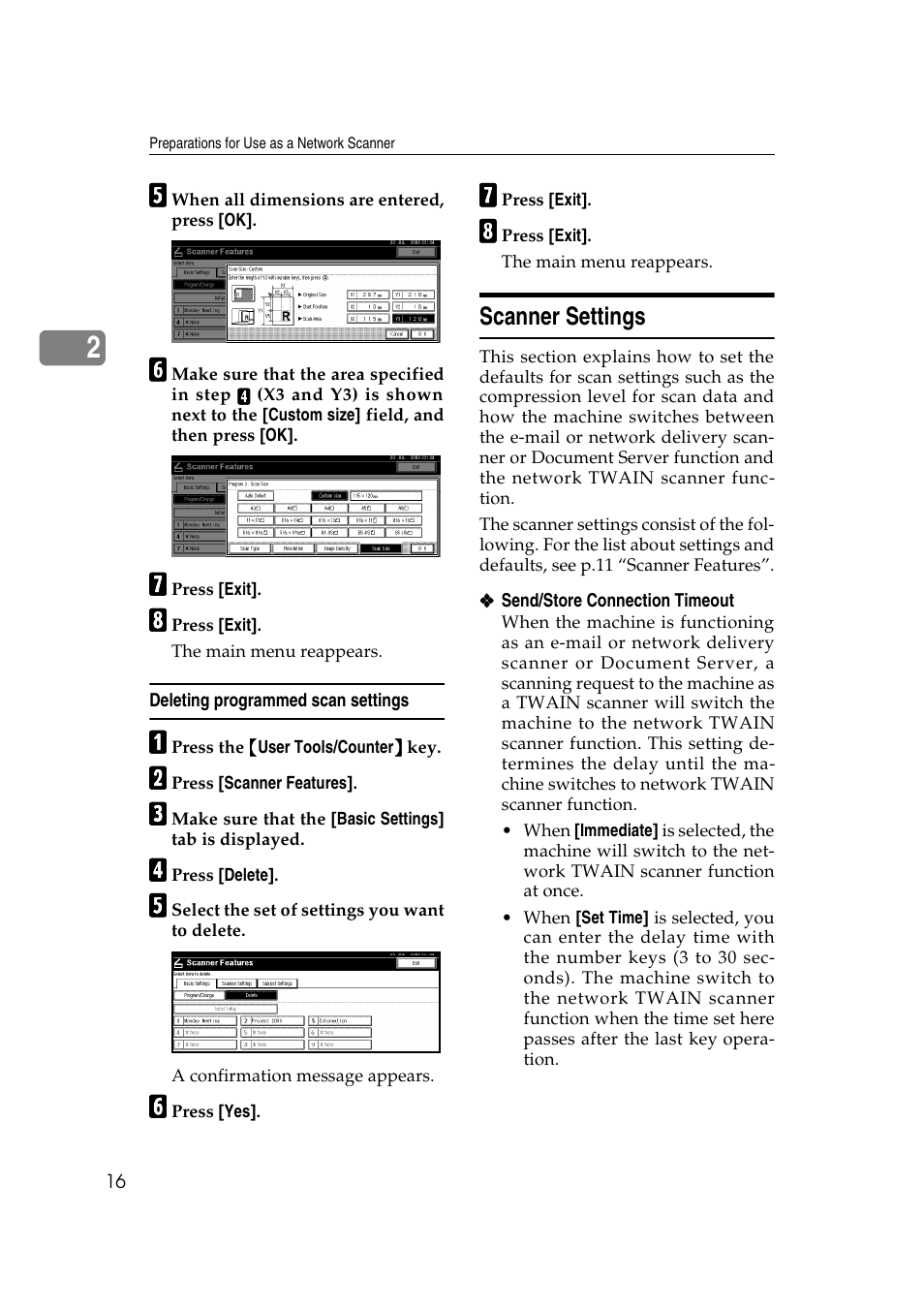 Deleting programmed scan settings, Scanner settings, Ee p.16 “scanner settings | Savin 2045 User Manual | Page 22 / 104
