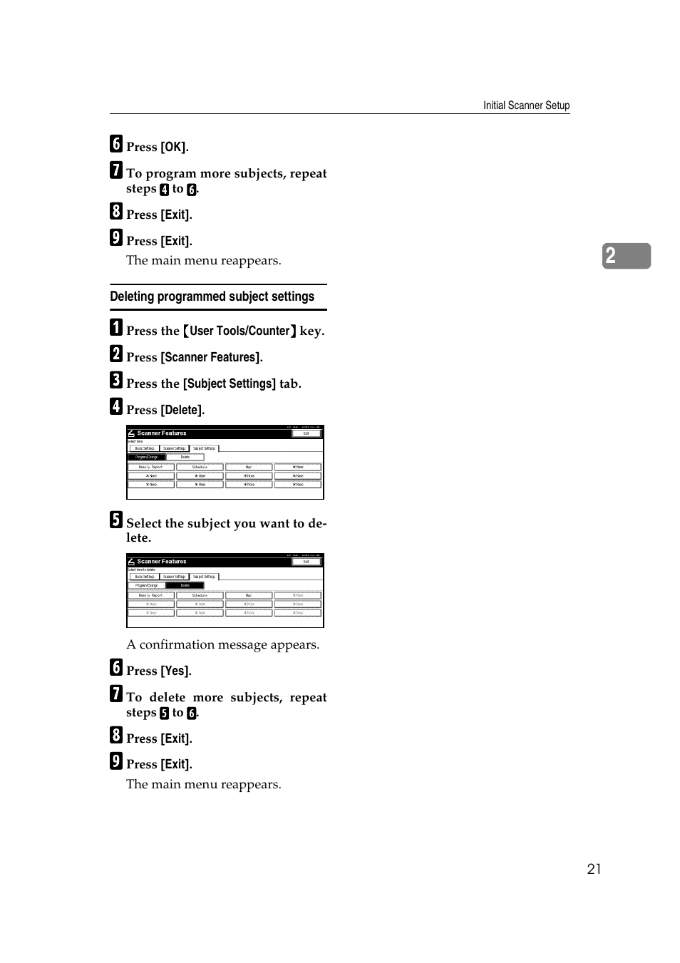 Deleting programmed subject settings | Savin 2045 User Manual | Page 27 / 104