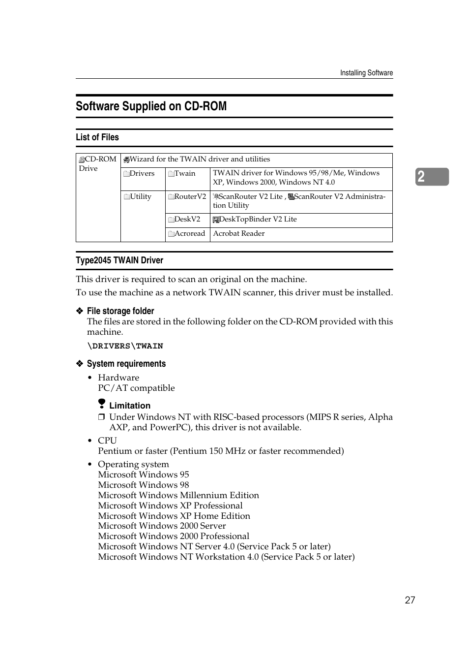 Software supplied on cd-rom, List of files, Type2045 twain driver | Savin 2045 User Manual | Page 33 / 104