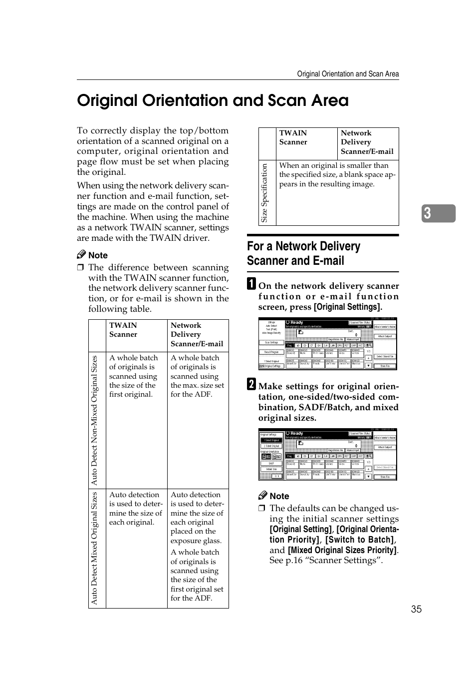 Original orientation and scan area, For a network delivery scanner and e-mail, 3original orientation and scan area | Savin 2045 User Manual | Page 41 / 104