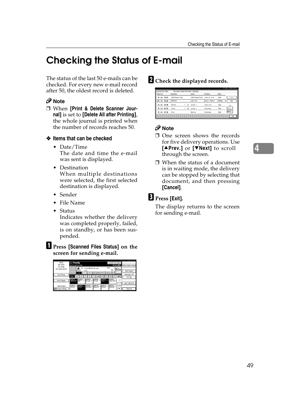 Checking the status of e-mail, 4checking the status of e-mail | Savin 2045 User Manual | Page 55 / 104