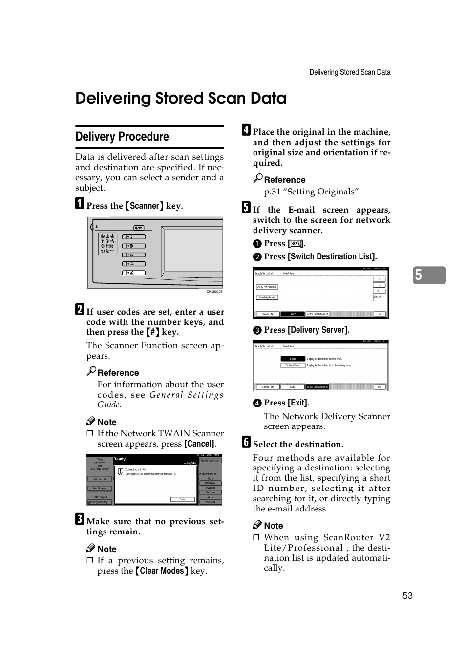 Delivering stored scan data, Delivery procedure, P.53 “delivery procedure | 5delivering stored scan data | Savin 2045 User Manual | Page 59 / 104