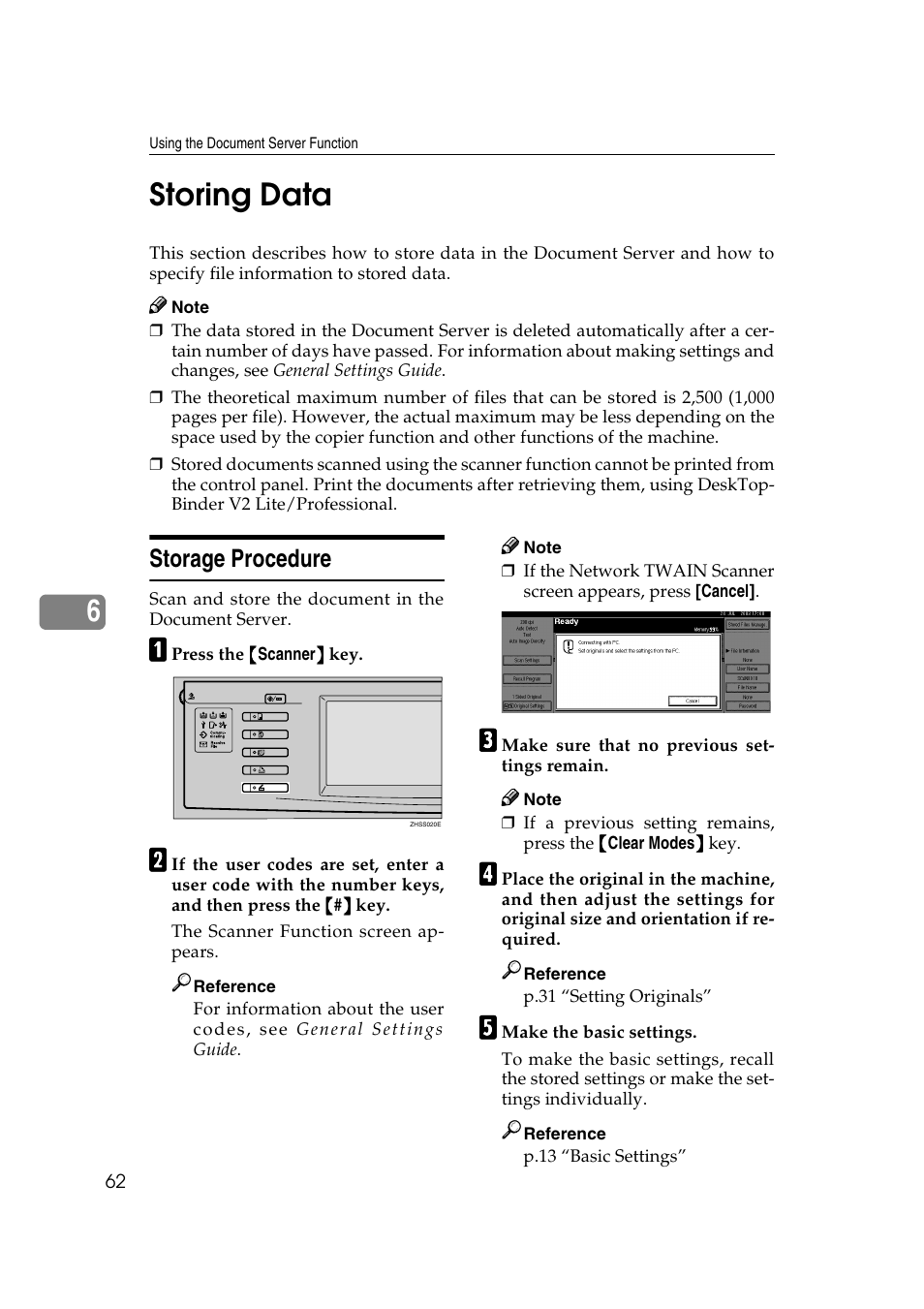 Storing data, Storage procedure, P.62 “storage procedure | 6storing data | Savin 2045 User Manual | Page 68 / 104