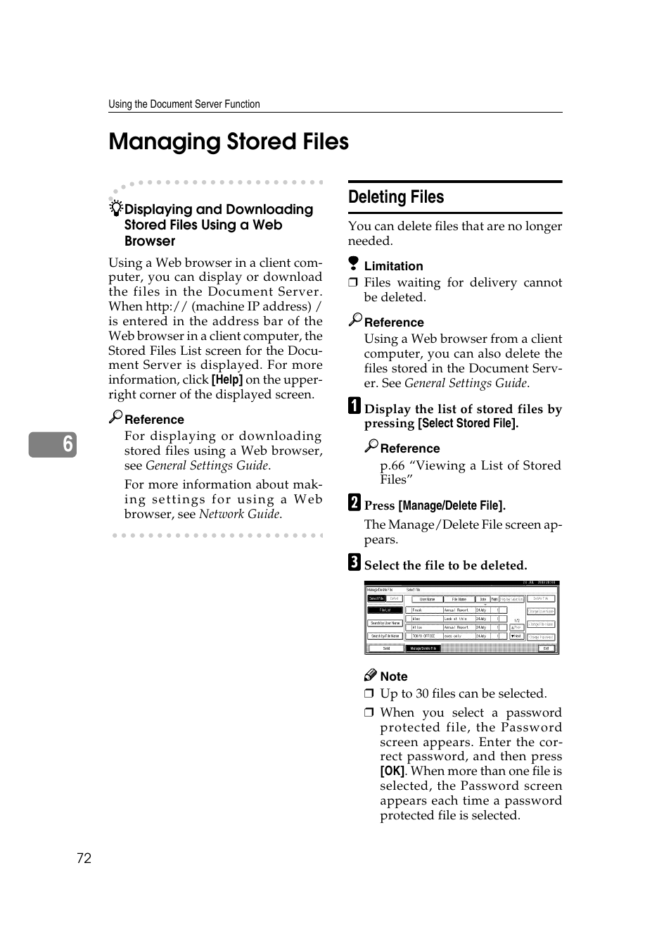 Managing stored files, Deleting files, 6managing stored files | Savin 2045 User Manual | Page 78 / 104