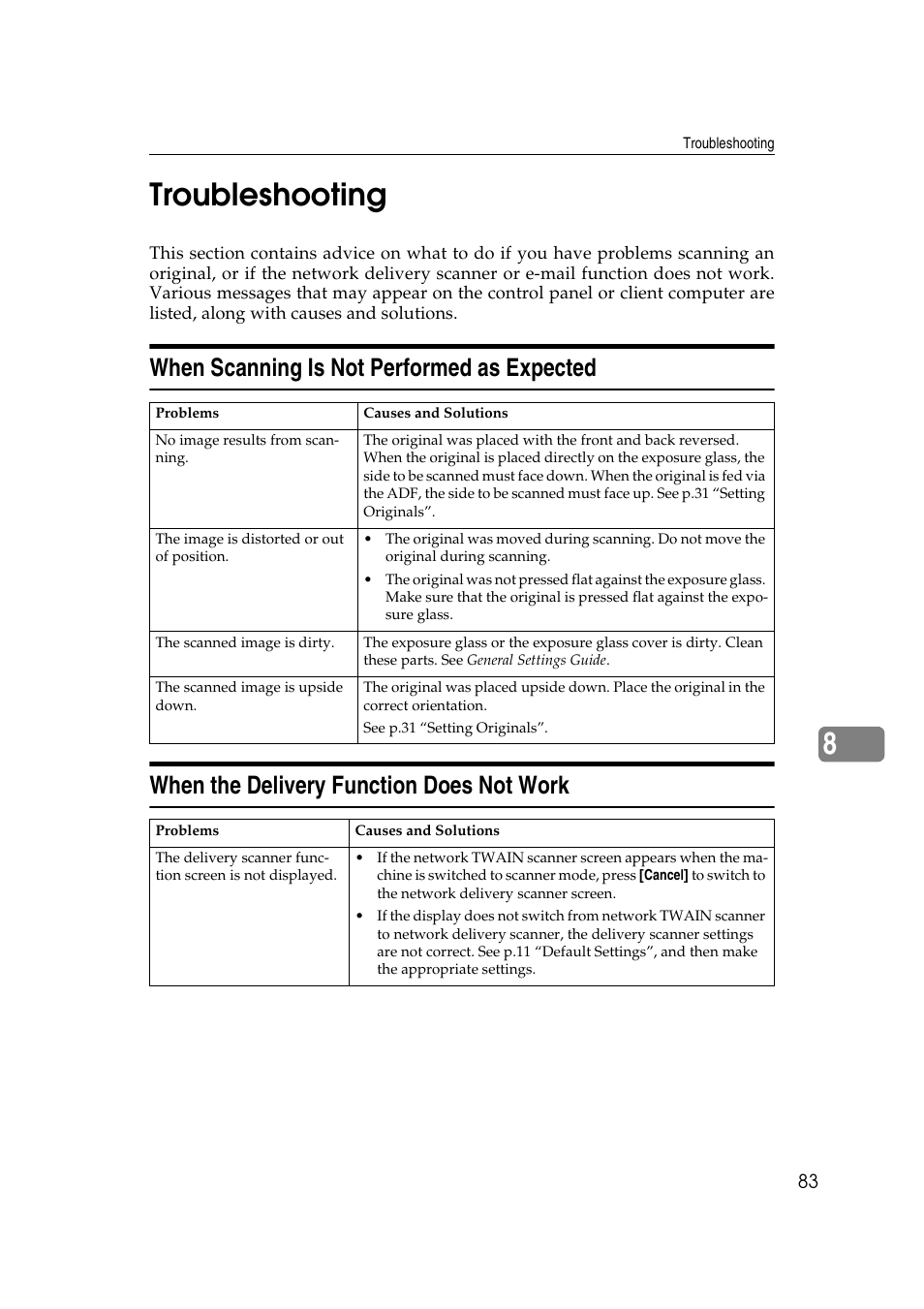 Troubleshooting, When scanning is not performed as expected, When the delivery function does not work | 8troubleshooting | Savin 2045 User Manual | Page 89 / 104