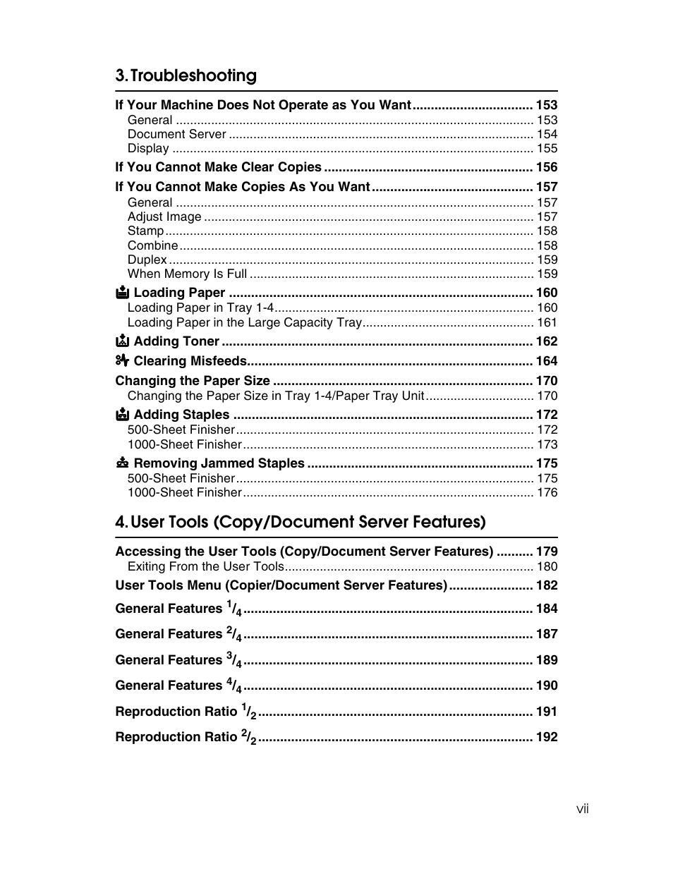 Troubleshooting, User tools (copy/document server features) | Savin 2712 User Manual | Page 10 / 163