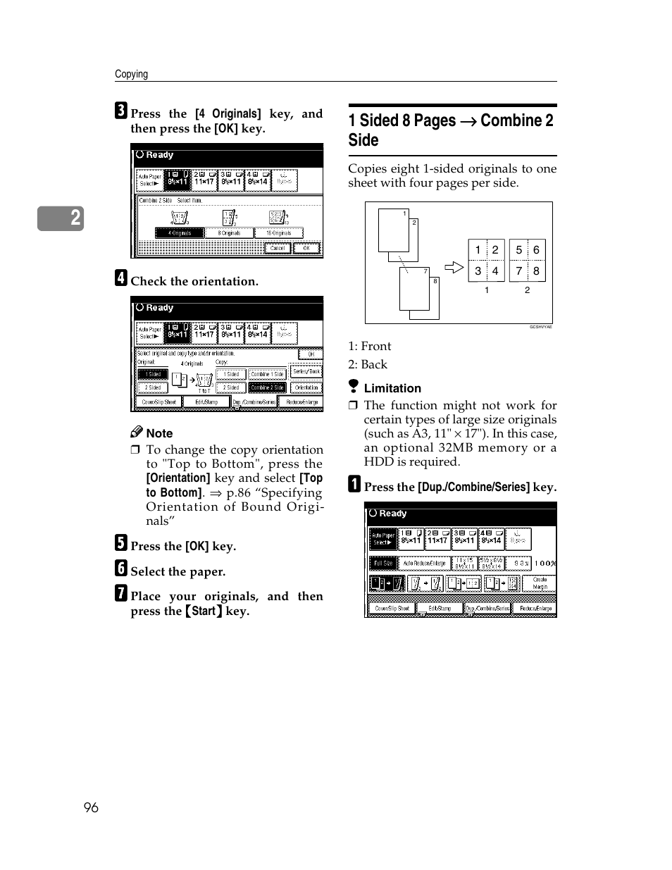 1 sided 8 pages → → → → combine 2 side | Savin 2712 User Manual | Page 107 / 163