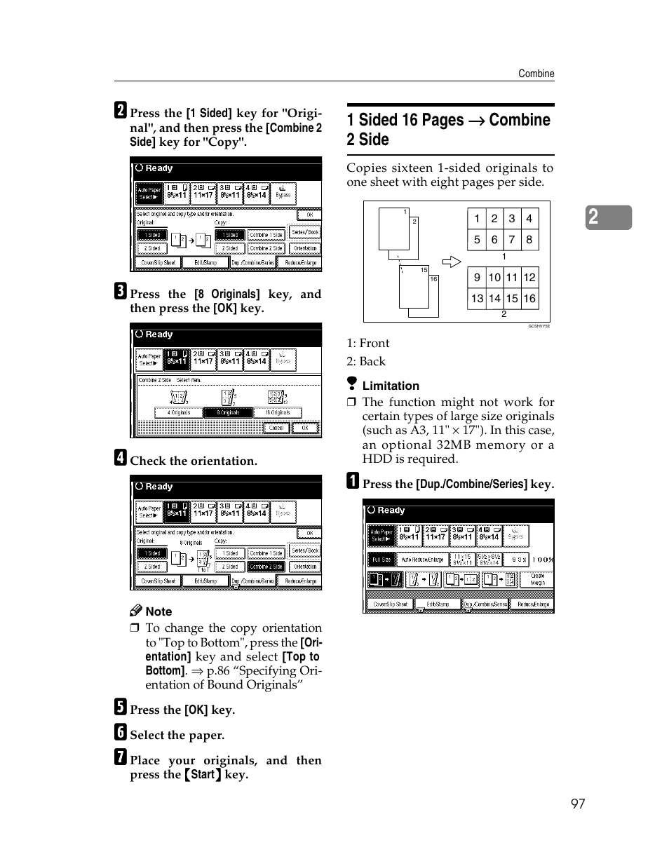 1 sided 16 pages → → → → combine 2 side | Savin 2712 User Manual | Page 108 / 163
