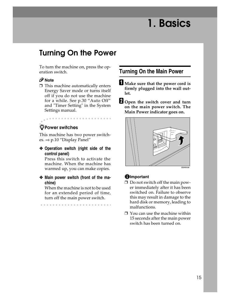 Basics, Turning on the power, Turning on the main power | Savin 2712 User Manual | Page 26 / 163