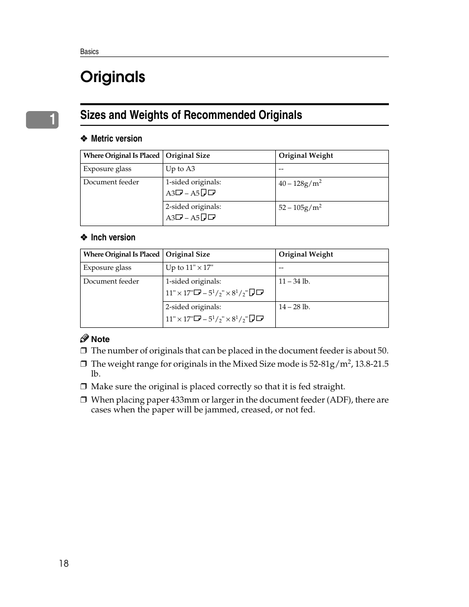 1originals, Sizes and weights of recommended originals | Savin 2712 User Manual | Page 29 / 163