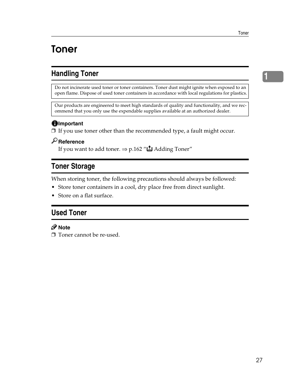 1toner, Handling toner, Toner storage | Used toner | Savin 2712 User Manual | Page 38 / 163