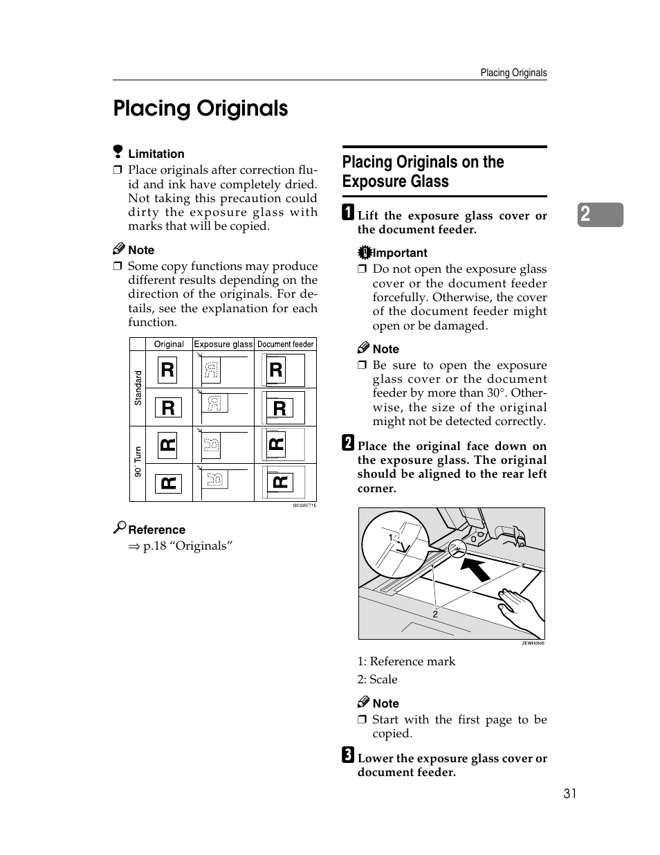2placing originals, Placing originals on the exposure glass | Savin 2712 User Manual | Page 42 / 163