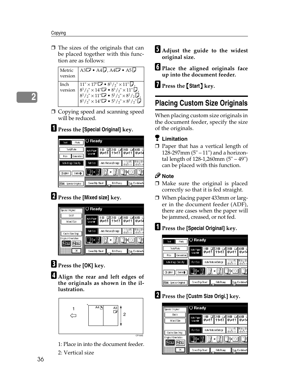 Placing custom size originals | Savin 2712 User Manual | Page 47 / 163
